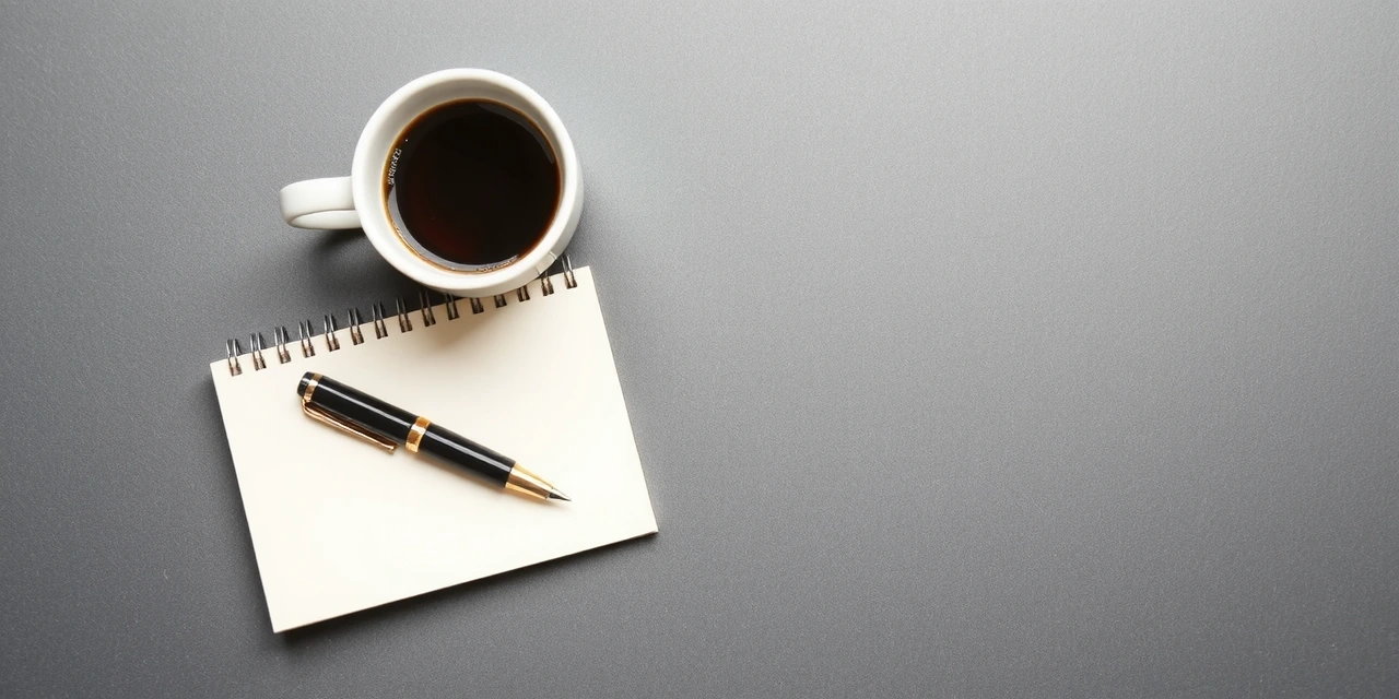 Composition minimaliste : café et notepad sur fond gris.